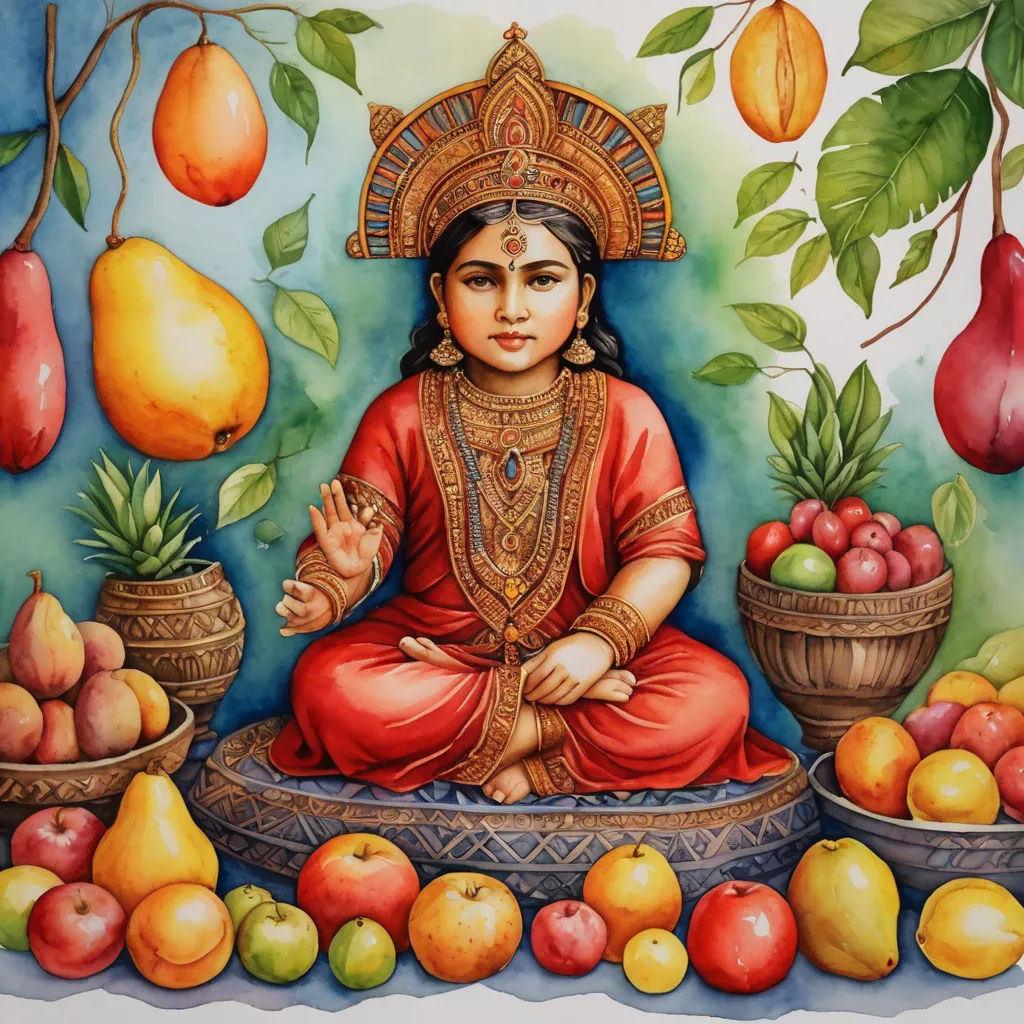 a painting of a woman sitting in front of a bunch of fruit and vegetables on a table with a tree, samikshavad, a watercolor painting, Ella Guru, divinity