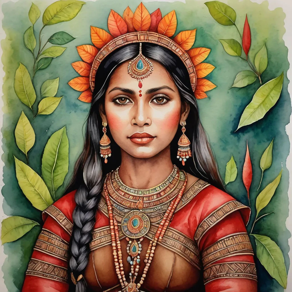 a painting of a woman wearing a headdress and jewelry with leaves around her neck and a green background, fantasy art, a watercolor painting, Amanda Sage, in gouache detailed paintings