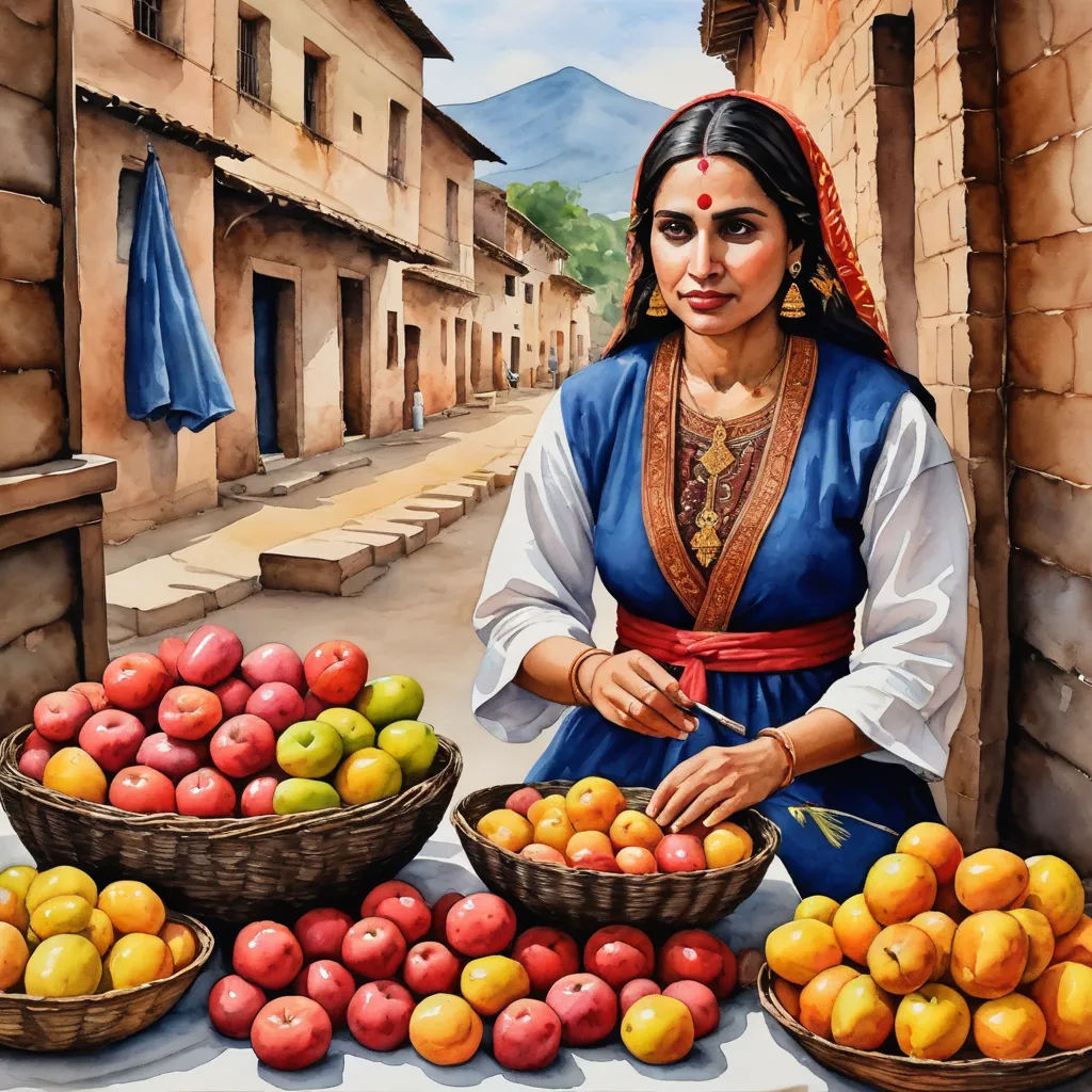 a painting of a woman standing next to a table of fruit and vegetables in baskets and baskets of apples, figurative art, a detailed painting, Art & Language, detailed painting