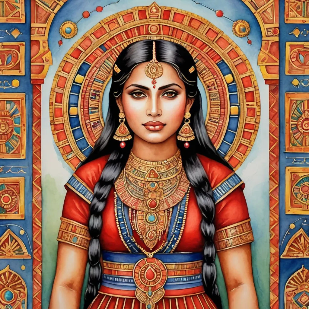 a painting of a woman in a red dress with a gold necklace and a blue background with gold and red accents, feminist art, a detailed painting, Ella Guru, detailed painting