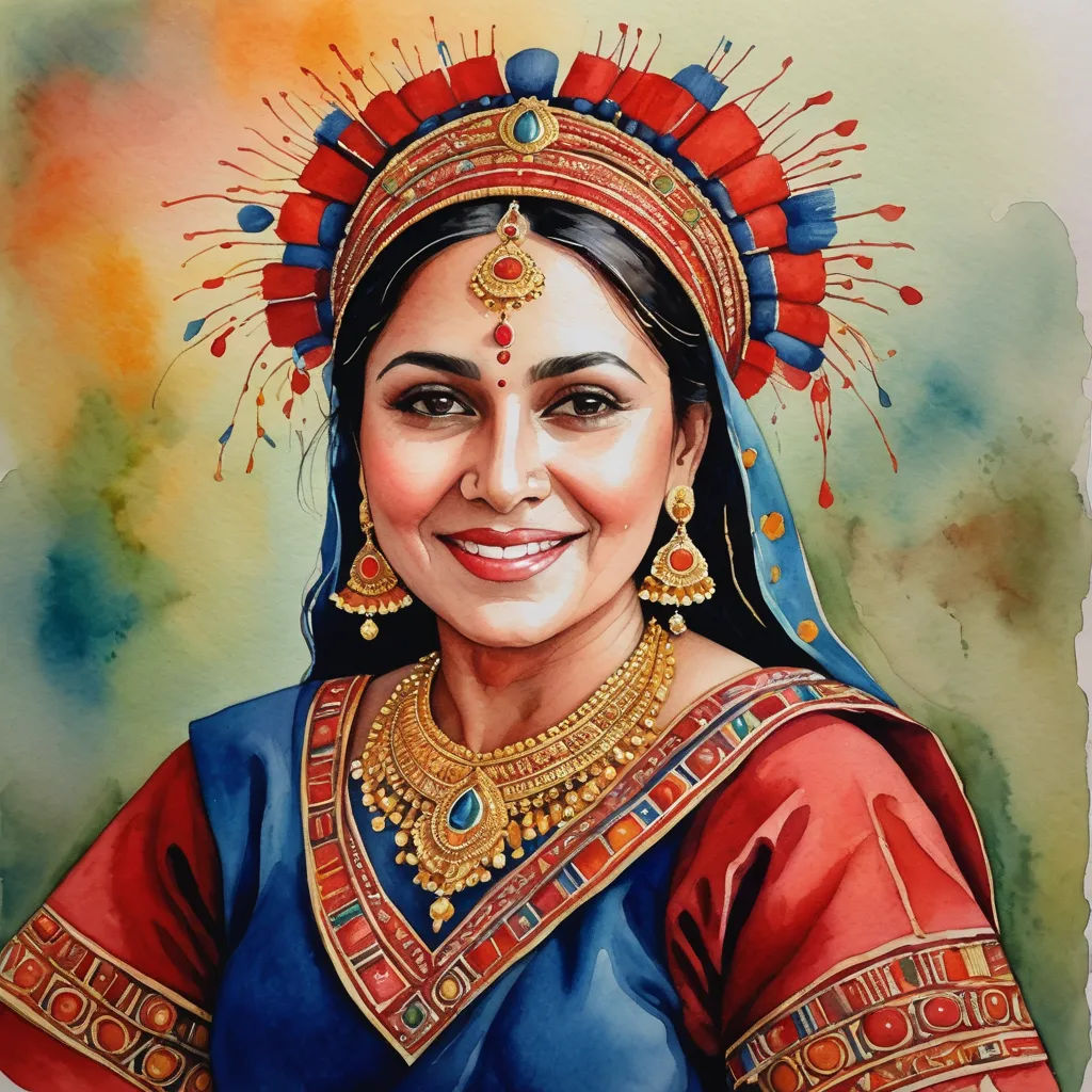 a painting of a woman in a colorful outfit with a smile on her face and a red headdress, figurative art, a watercolor painting, Ella Guru, detailed painting