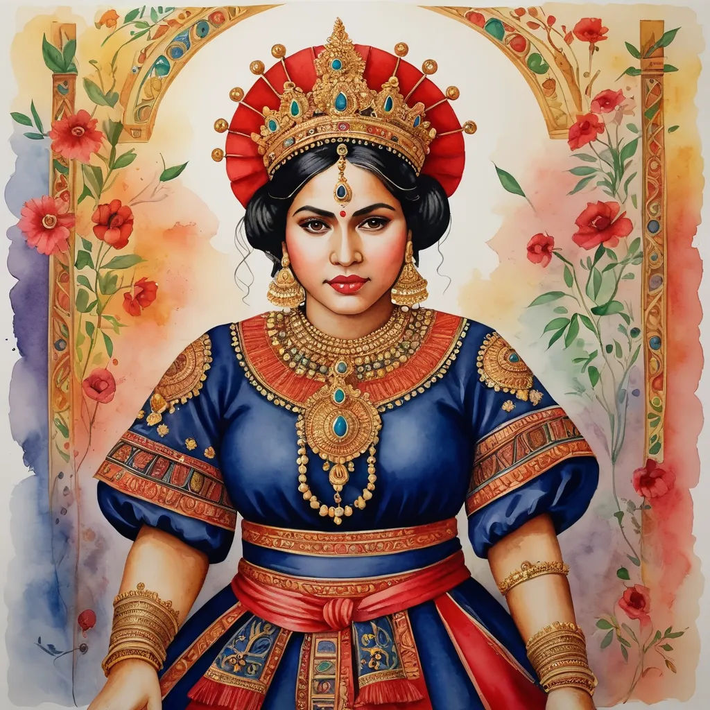 a painting of a woman in a blue dress with a red headpiece and a gold necklace on her neck, qajar art, a detailed painting, Ella Guru, detailed painting