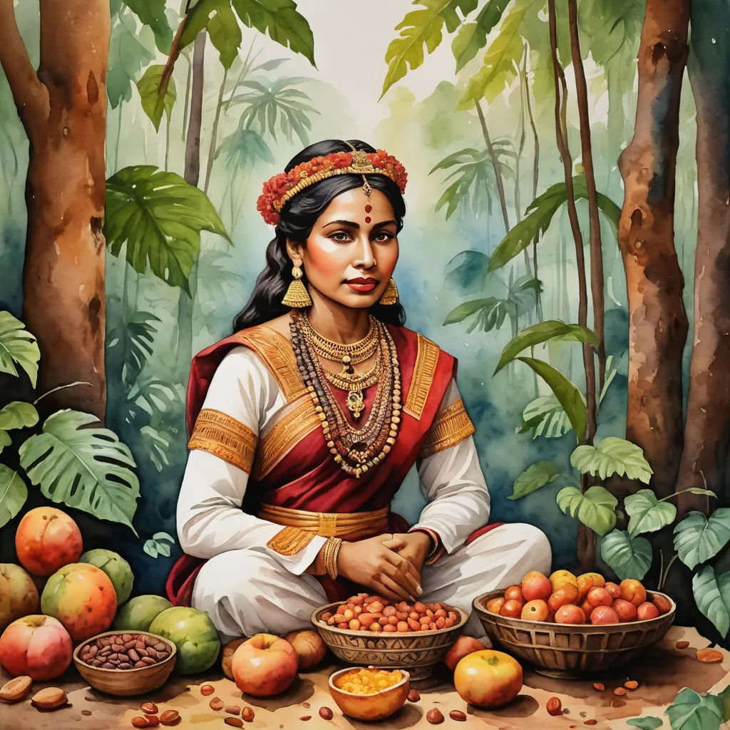 a painting of a woman sitting in front of a table of fruit and vegetables with a basket of fruit, bengal school of art, a detailed painting, Ella Guru, detailed painting