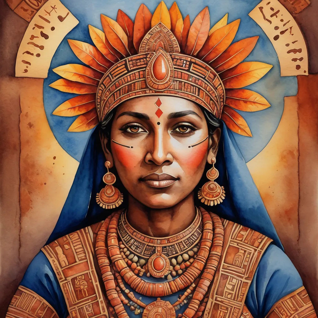 a painting of a woman wearing a headdress and jewelry with a sunflower on her forehead and a blue background, fantasy art, a detailed painting, Ella Guru, maya