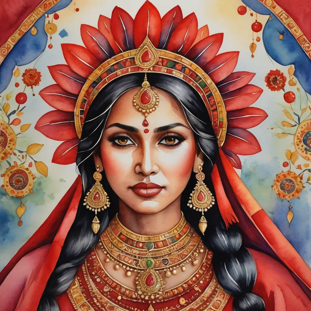 a painting of a woman wearing a red headdress and a red veil with a red flower on her head, qajar art, a detailed painting, Amanda Sage, detailed painting