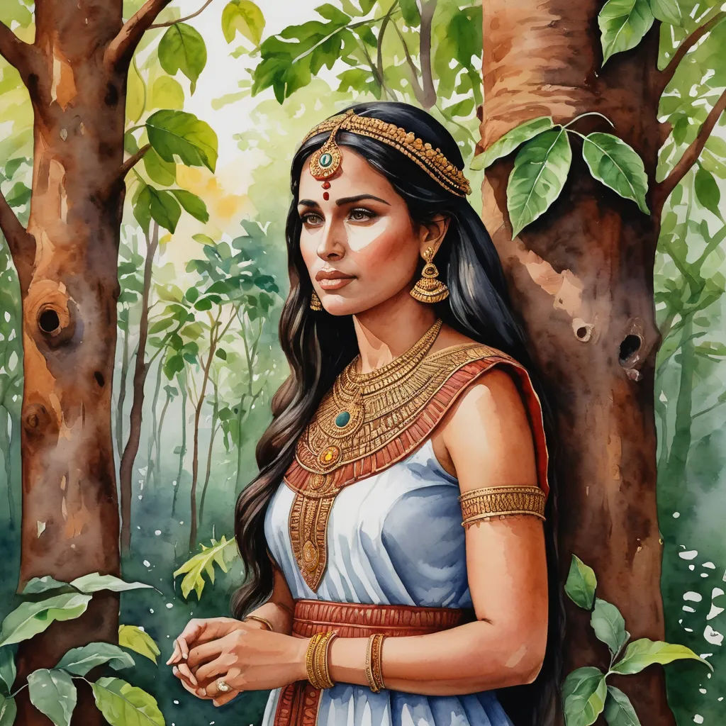 a painting of a woman in a forest with trees and leaves around her, wearing a headdress, fantasy art, a detailed painting, Ann Thetis Blacker, detailed painting
