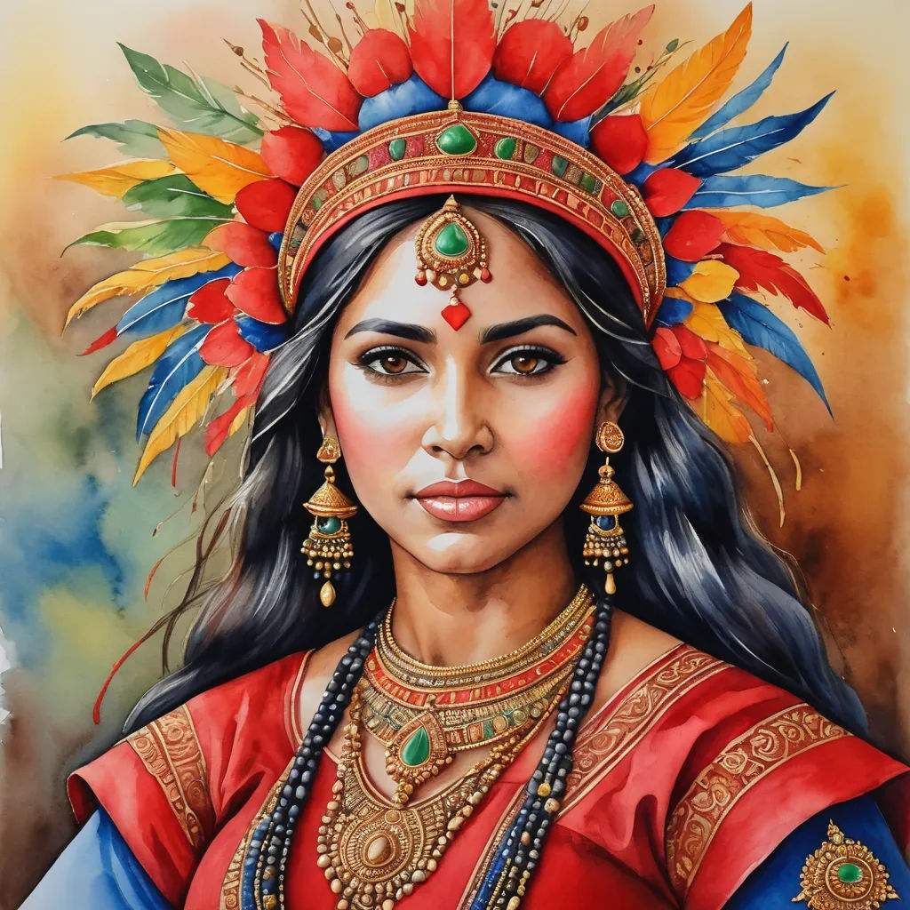 a painting of a woman wearing a headdress and jewelry with feathers on her head and a red dress, fantasy art, a detailed painting, Araceli Gilbert, detailed painting