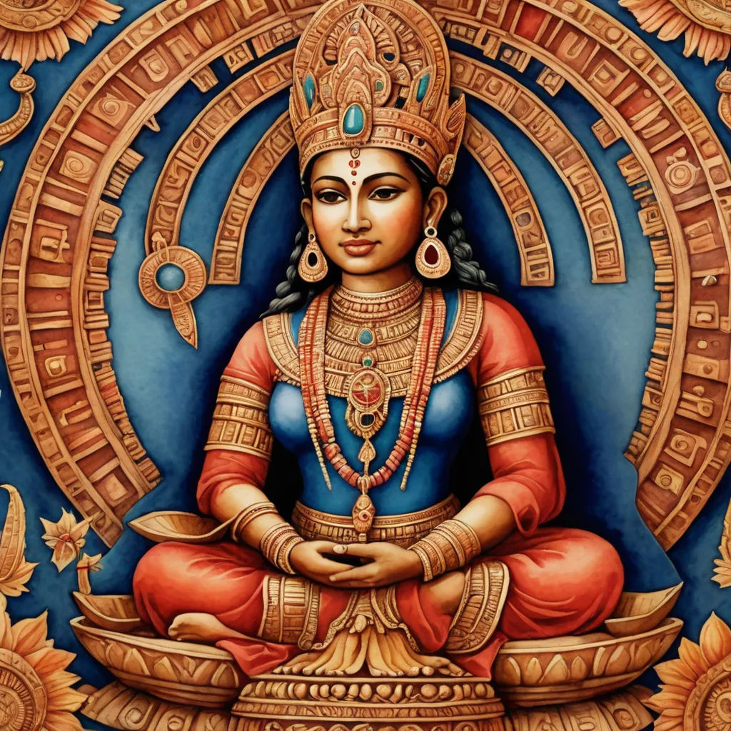 a painting of a woman sitting in a lotus position with a blue background and gold accents on her body, samikshavad, a detailed painting, Ella Guru, divinity