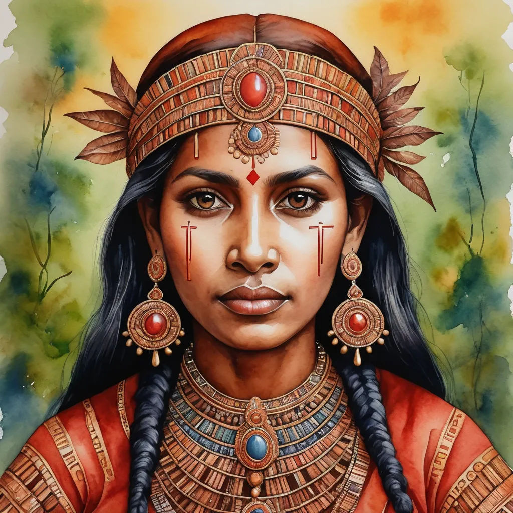 a painting of a native american woman wearing a headdress and jewelry with a cross on her forehead, fantasy art, a watercolor painting, Ann Thetis Blacker, in gouache detailed paintings