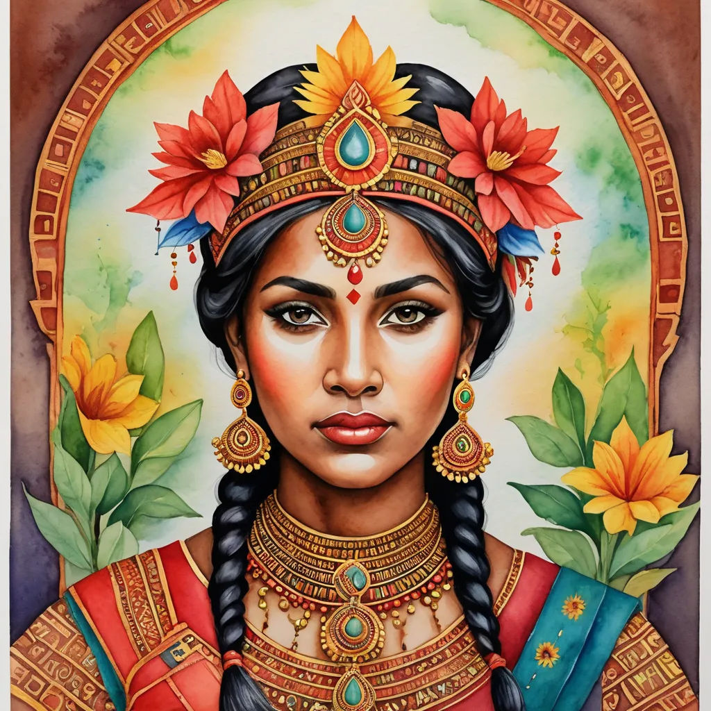 a painting of a woman with flowers in her hair and a wreath around her head, wearing a headdress, fantasy art, a watercolor painting, Amanda Sage, in gouache detailed paintings