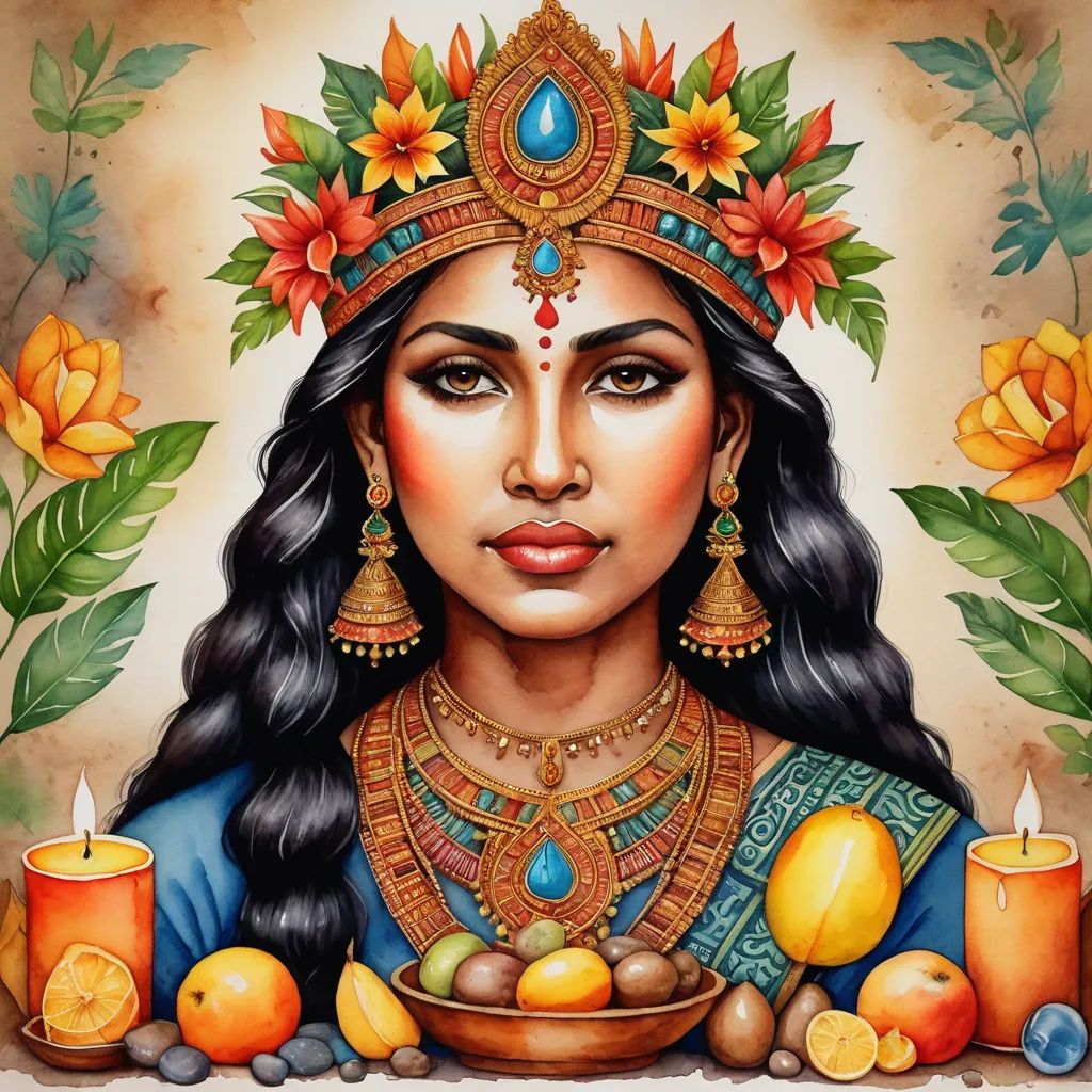 a painting of a woman with a bowl of fruit and candles in front of her face and flowers around her, feminist art, a detailed painting, Ella Guru, maya