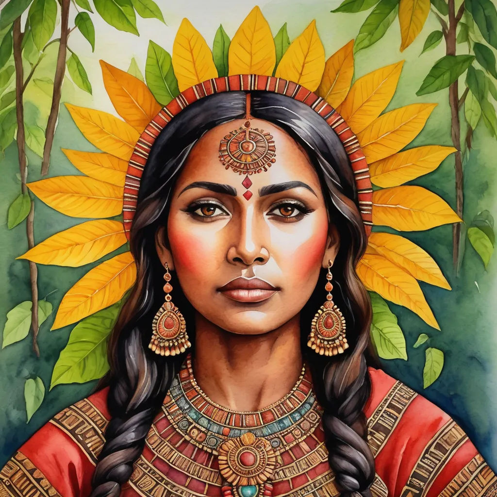 a painting of a woman with sunflowers on her head and a green background with trees and leaves, fantasy art, a watercolor painting, Amanda Sage, in gouache detailed paintings
