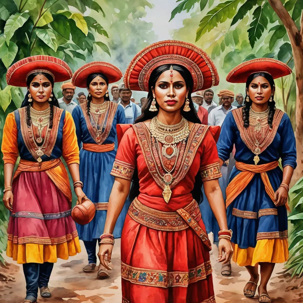 a painting of a group of women in colorful outfits walking down a dirt road with trees in the background, feminist art, a detailed painting, Ella Guru, detailed painting