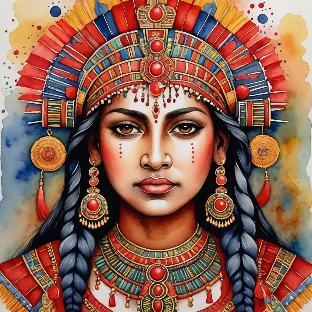 a painting of a woman wearing a headdress and jewelry with a colorful background of watercolors, fantasy art, a detailed painting, Ella Guru, in gouache detailed paintings