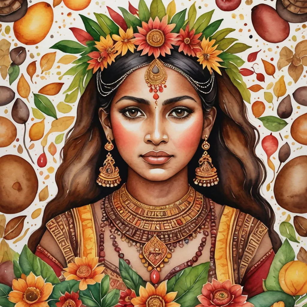a painting of a woman with flowers in her hair and a wreath of leaves on her head, surrounded by fruit and leaves, feminist art, a detailed painting, Ella Guru, in gouache detailed paintings