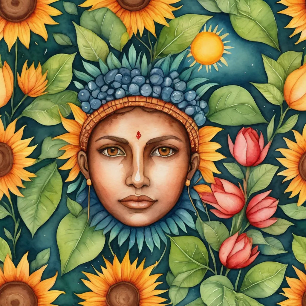 a painting of a woman surrounded by sunflowers and leaves with a blue sky background and a sunflower crown, psychedelic art, a detailed painting, Amanda Sage, in gouache detailed paintings