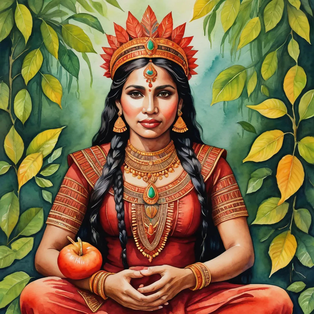 a painting of a woman holding an apple in her hands and a tree behind her with leaves and branches, magical realism, a detailed painting, Ella Guru, highly detailed digital painting