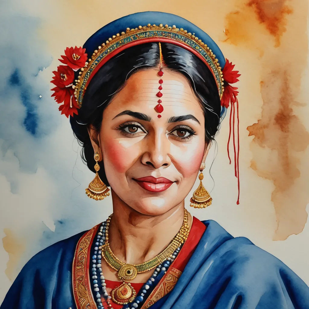 a painting of a woman wearing a blue dress and a red head piece with a red flower in her hair, figurative art, a watercolor painting, Bholekar Srihari, detailed painting