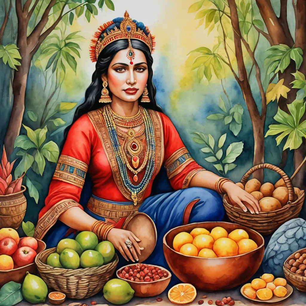 a painting of a woman sitting in front of a basket of fruit and oranges with a basket of fruit in front of her, qajar art, a detailed painting, Ella Guru, highly detailed digital painting
