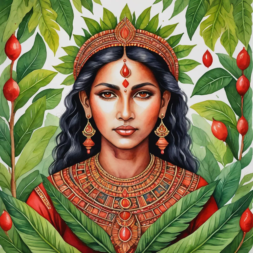 a painting of a woman with a headdress and a wreath of leaves and berries around her neck, feminist art, a detailed painting, Ella Guru, in gouache detailed paintings