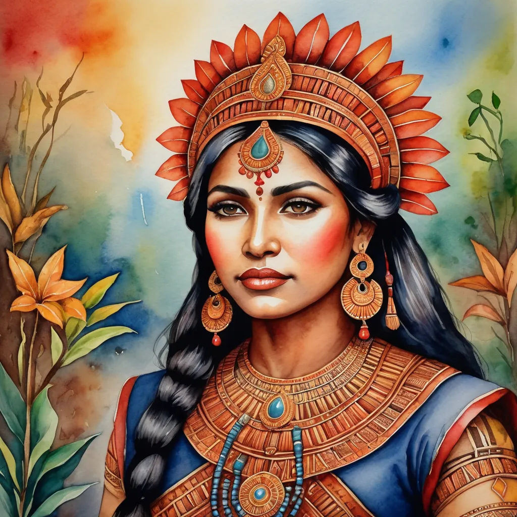 a painting of a woman wearing a headdress and jewelry with flowers in the background and a sky, fantasy art, a detailed painting, Ella Guru, detailed painting