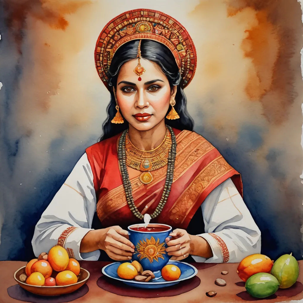a painting of a woman holding a cup of tea and oranges on a table with a bowl of fruit, bengal school of art, a detailed painting, Bholekar Srihari, detailed painting