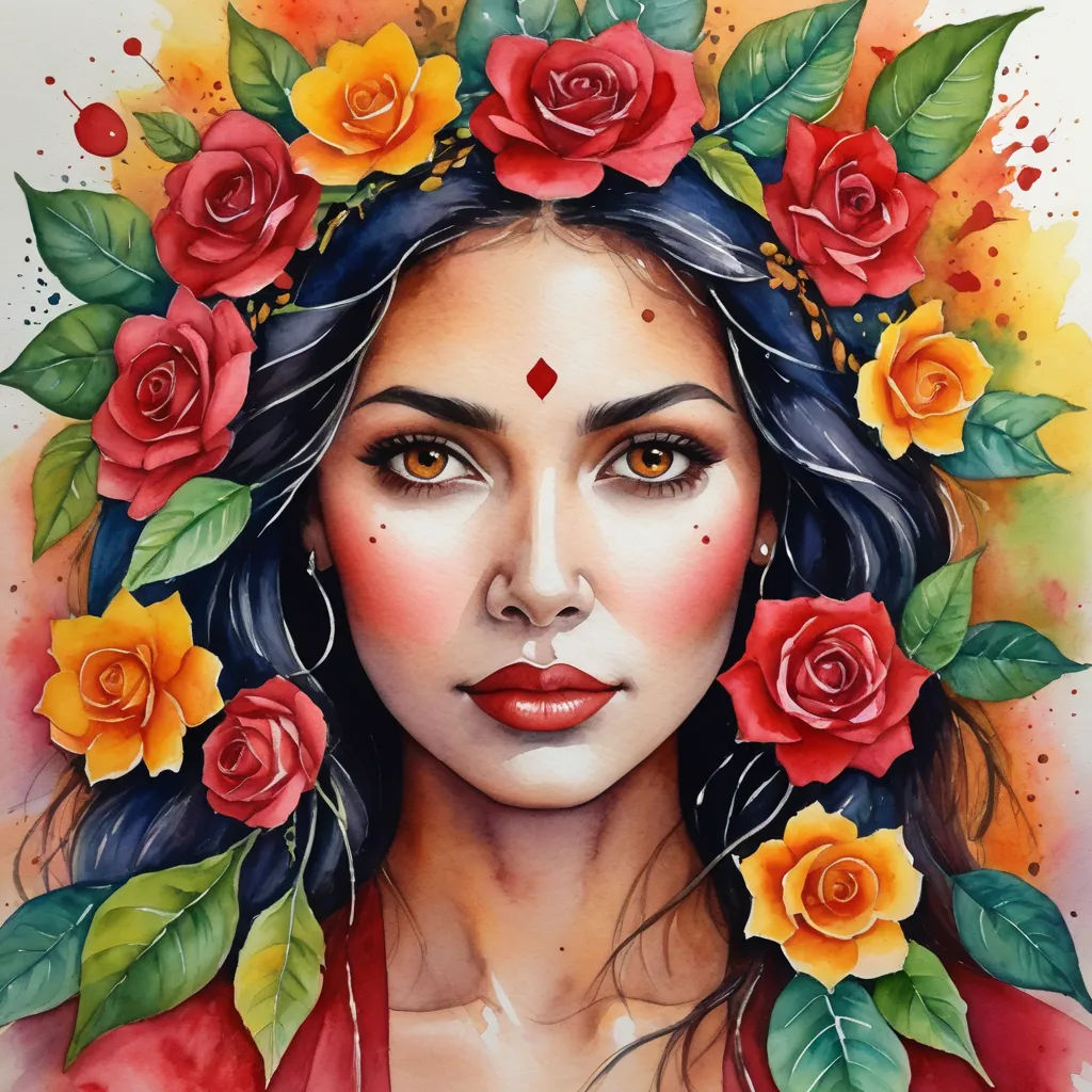 a painting of a woman with flowers in her hair and a wreath of roses around her head, with a red background, fantasy art, a watercolor painting, Amanda Sage, in gouache detailed paintings