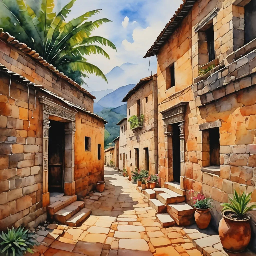 a painting of a street with a stone building and potted plants on the side of the street and mountains in the background, american scene painting, a watercolor painting, David Martin, great composition