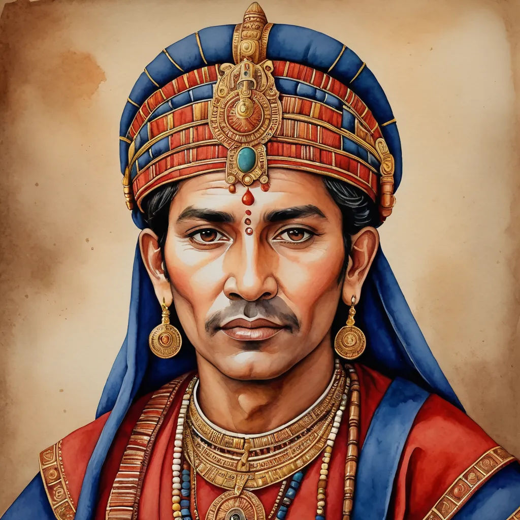 a painting of a man wearing a red and blue outfit and a gold head piece with a blue scarf, samikshavad, a detailed painting, Bholekar Srihari, highly detailed digital painting