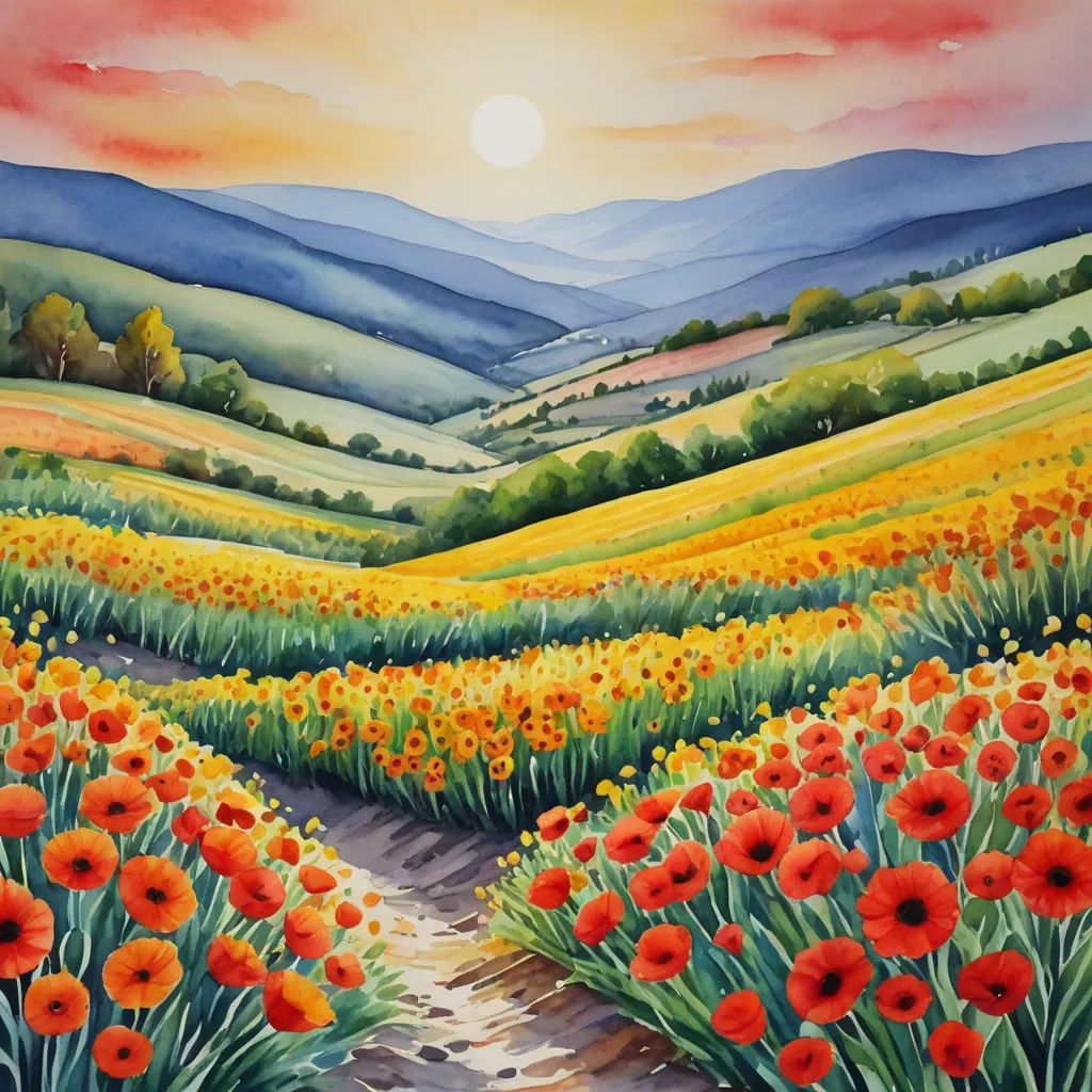 a painting of a field of flowers with a sunset in the background and a red sky in the background, color field, a watercolor painting, Carol Sutton, beautiful landscape