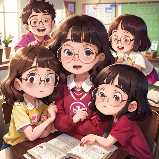 a group of children sitting at a desk with an open book in front of them and a teacher standing behind them