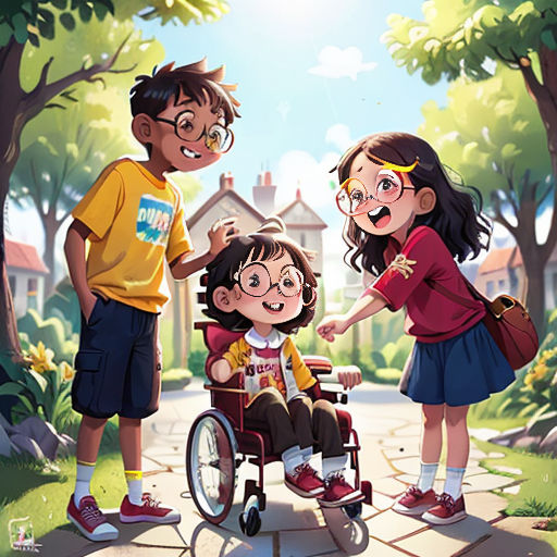 a group of children standing around a woman in a wheel chair in a park with a boy in a wheelchair