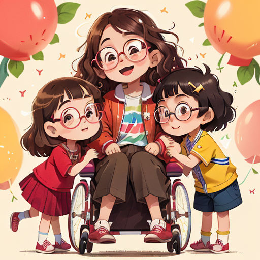 a woman in a wheelchair with two children standing next to her and balloons behind her, and a balloon background