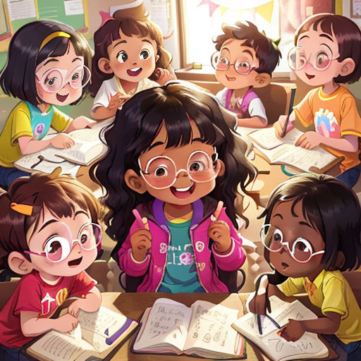 a group of children sitting at a table with books and pencils in front of them, with a teacher pointing at them