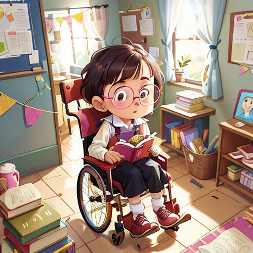 a girl in a wheel chair reading a book in a room with a desk and bookshelves on the walls
