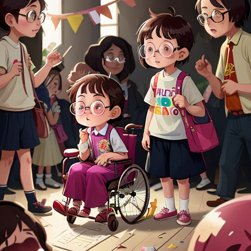 a group of children standing around a girl in a wheel chair in front of a crowd of people with balloons