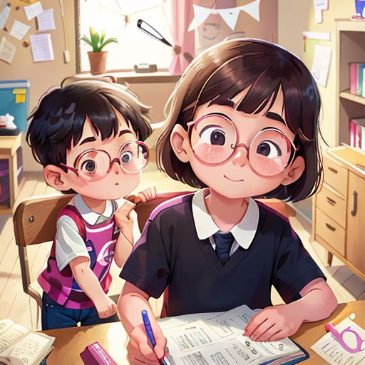 two children sitting at a desk with a book and pen in front of them, looking at a book