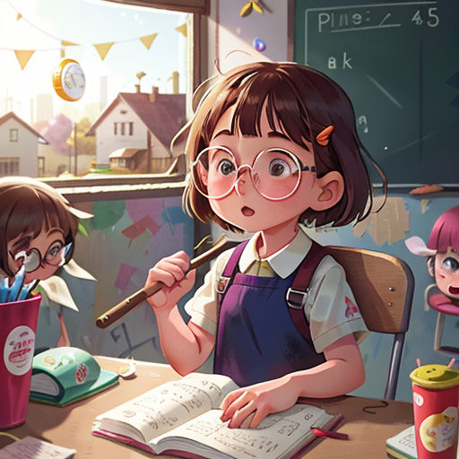 a girl is sitting at a desk with a book and pencils in her hand and another girl is standing behind her