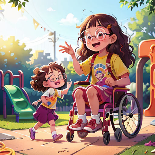 a girl in a wheelchair is being pushed by a girl in a park by a playground with a playground structure