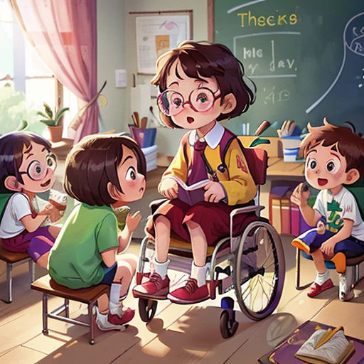 a group of children sitting around a woman in a wheel chair in a classroom with a chalkboard on the wall