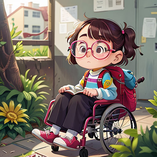 a girl in a wheel chair in a garden with flowers and a building in the background with a sign that says,