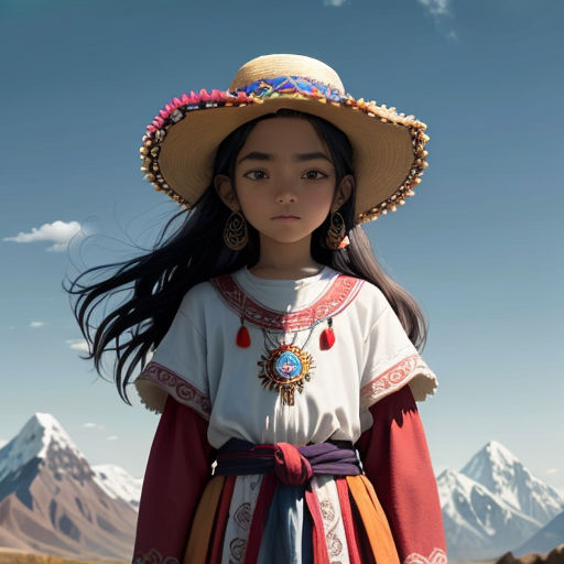a young girl wearing a large hat and dress in a field with mountains in the background and a blue sky