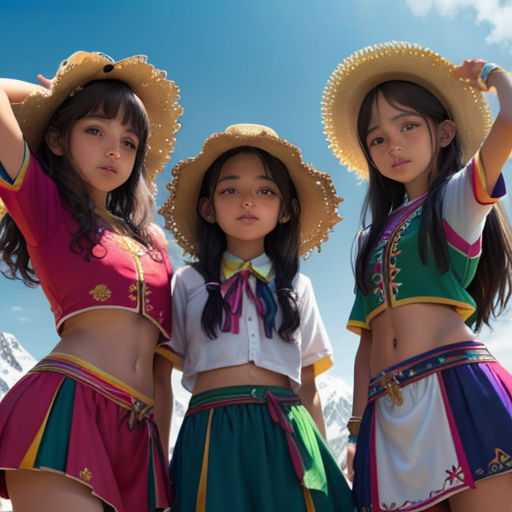 three girls in colorful outfits and hats posing for a picture together in front of a mountain range with snow capped mountains in the background