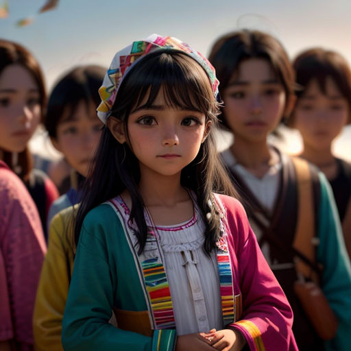 a group of young girls standing next to each other in front of a sky background with a kite flying in the sky
