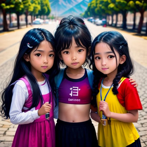 three young girls standing next to each other on a street with a mountain in the background and a blue sky