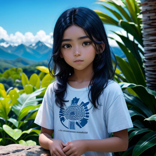 a young girl standing in front of a lush green forest with mountains in the background and a blue sky