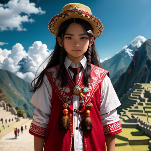 a young girl in a mexican outfit standing in front of a mountain range with a village in the background