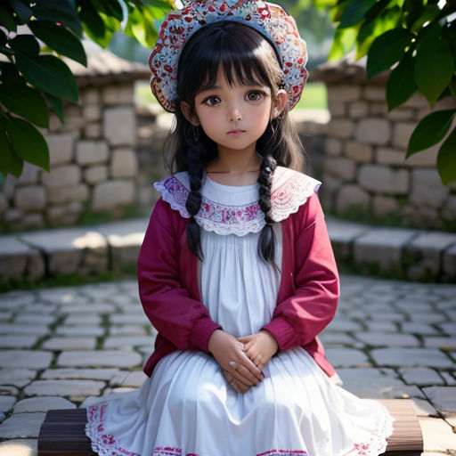 a little girl sitting on a bench wearing a dress and a hat with a flowered design on it