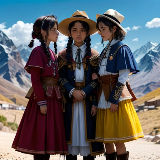 three women in traditional dress standing in front of mountains and snow capped mountains, one wearing a hat and the other wearing a long dress