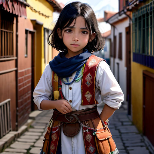 a young girl in a costume standing on a street corner with a handbag on her hip and a scarf around her neck